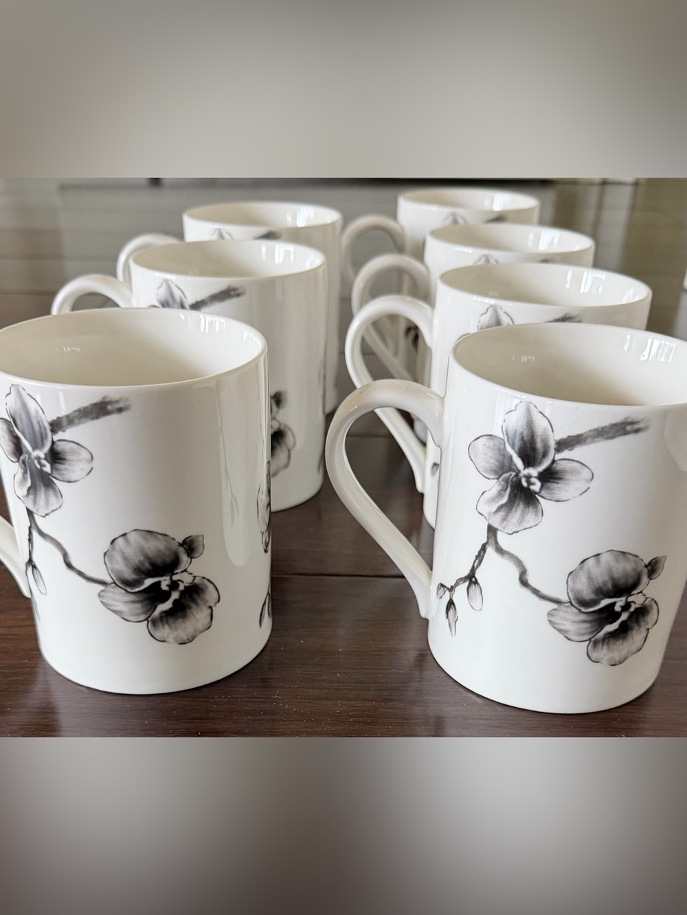 White Porcelain Mug with Black Floral Orchid Design- 7 Pieces